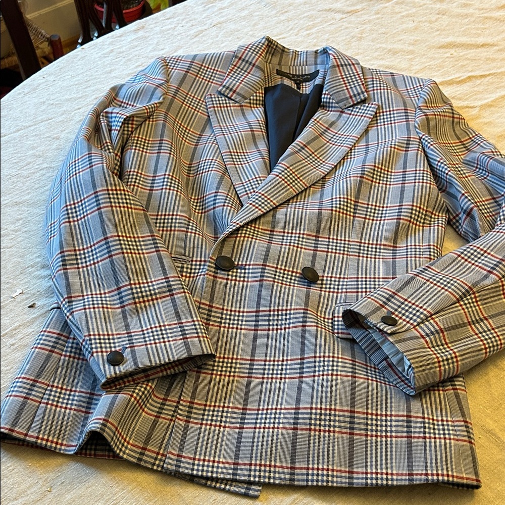rag & bone Double-Breasted Plaid Blazer in Gray with Red and Navy Accents